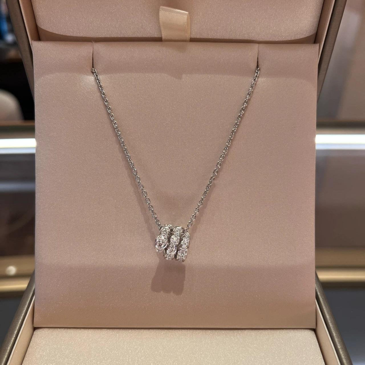 BVLGARI SERPENTI SILVER NECKLACE DOUBLE RING DIAMOND