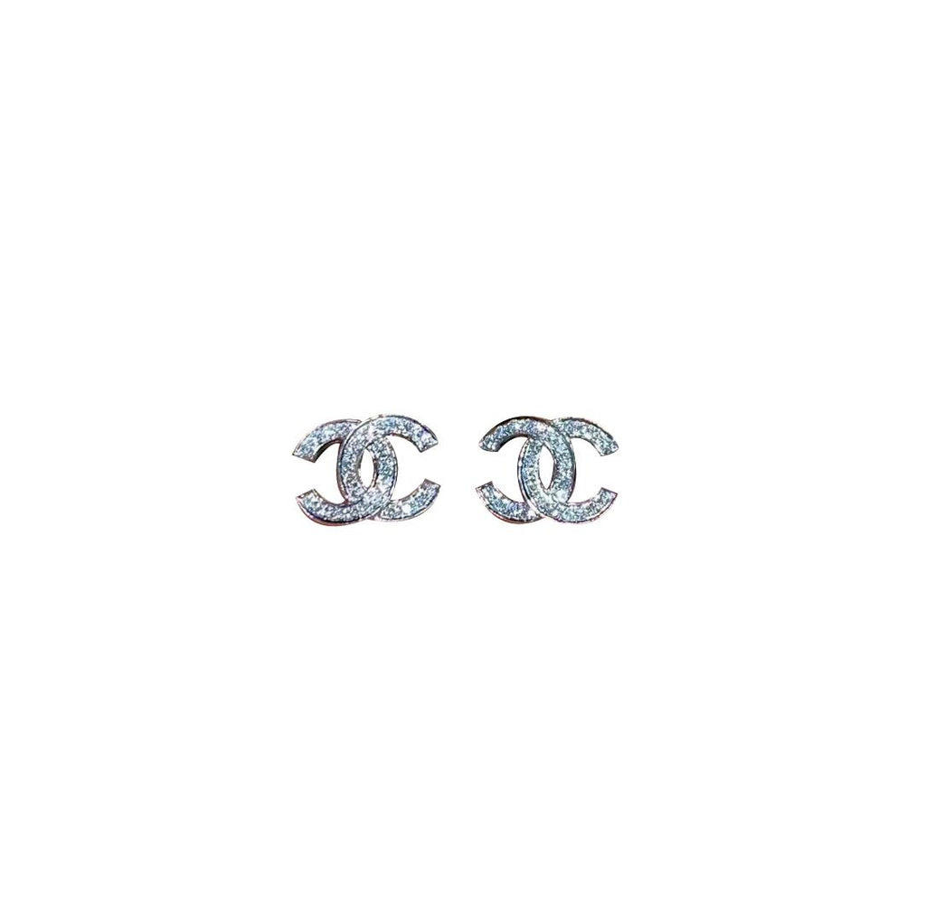 Chanel Logo Earrings Small Silver Diamond