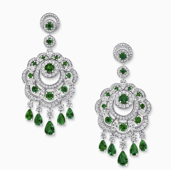 GRAFF GRA FLOWER SILVER GREEN DIAMOND DROP EARRINGS