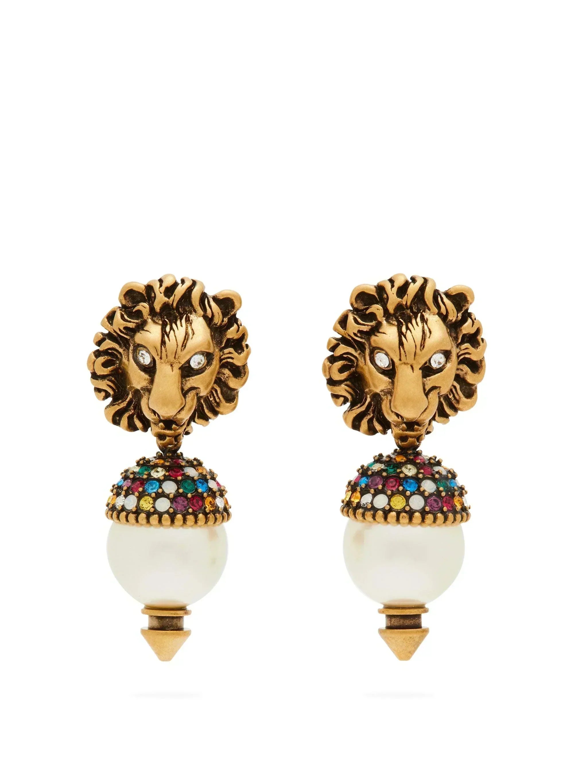 GUCCI GG LION HEAD PEARL COLORED DIAMOND EARRINGS