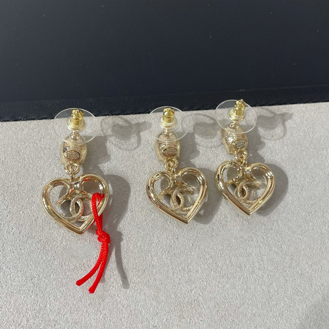 Chanel Strass Crystal Heart Drop Light Gold Earrings