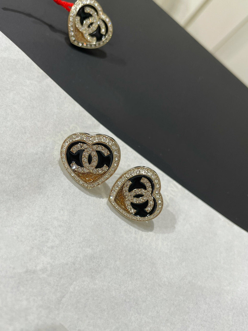 Chanel Diamond Paved Heart Black Enamel Stud Earrings