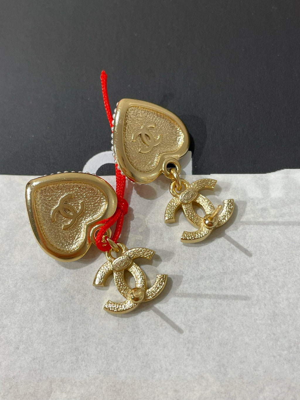 Chanel Logo Diamond Paved Heart Mop Drop Earrings