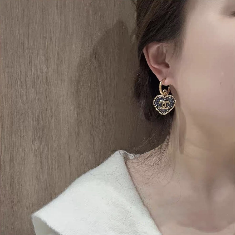 Chanel Heart Blue Denim Light Gold Hoop Earrings