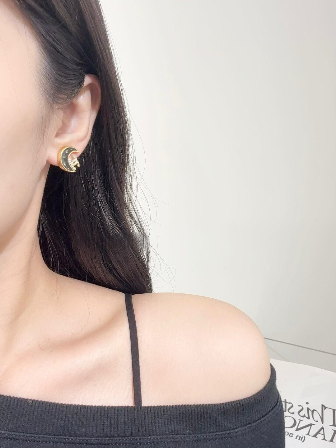 Chanel Black Enamel Full Diamond Double C Moon Earrings