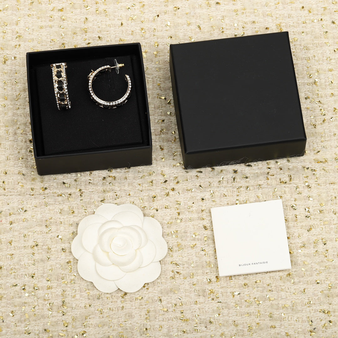 Chanel Double C Gold Leather Curved Hook Stud Earrings