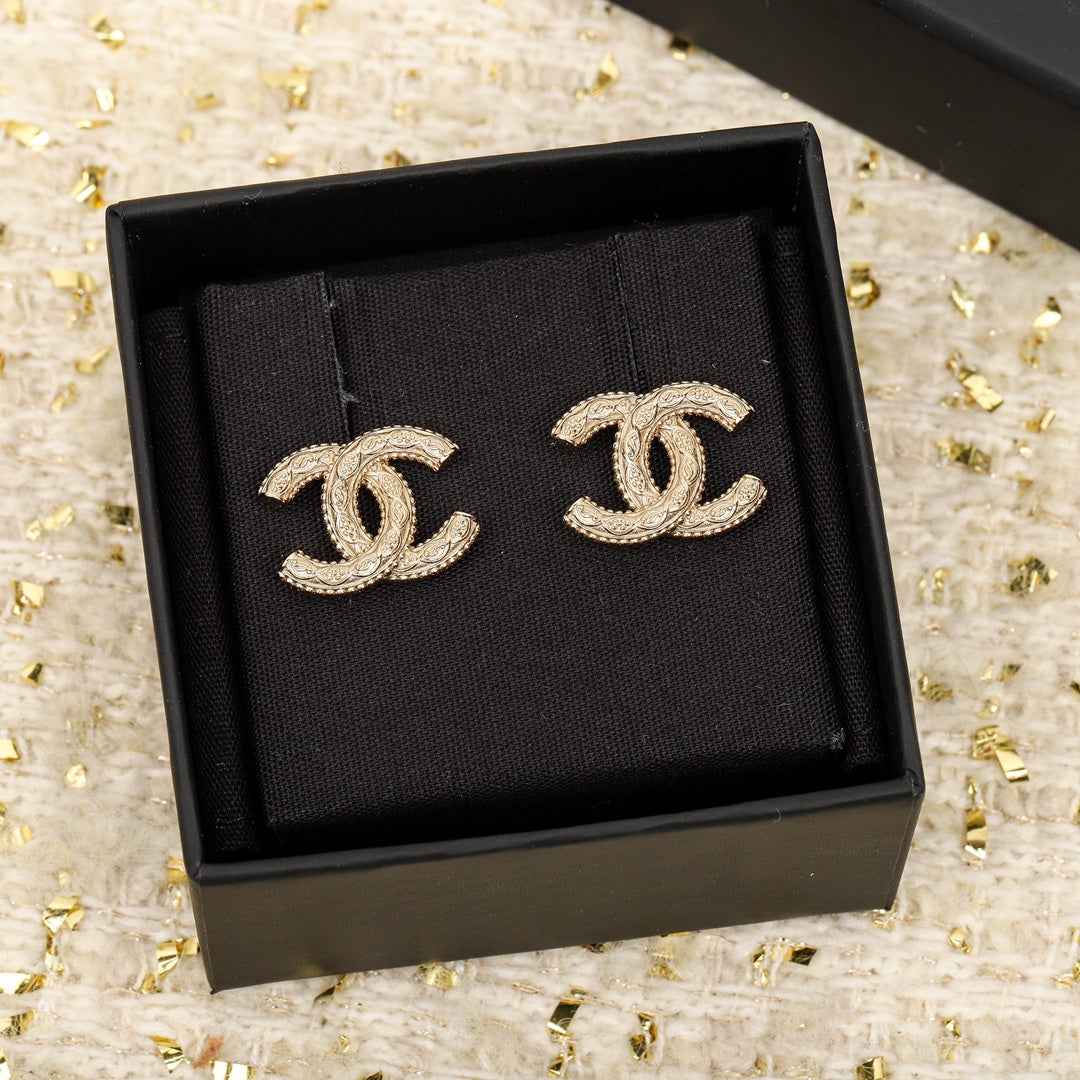 Chanel Double C Logo Gold Stud Earrings