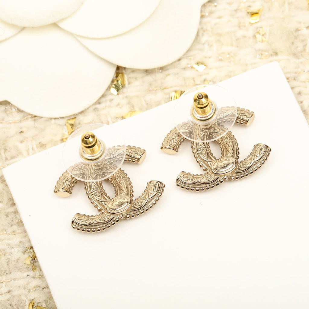 Chanel Double C Logo Gold Stud Earrings