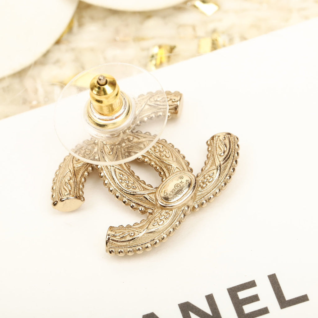Chanel Double C Logo Gold Stud Earrings