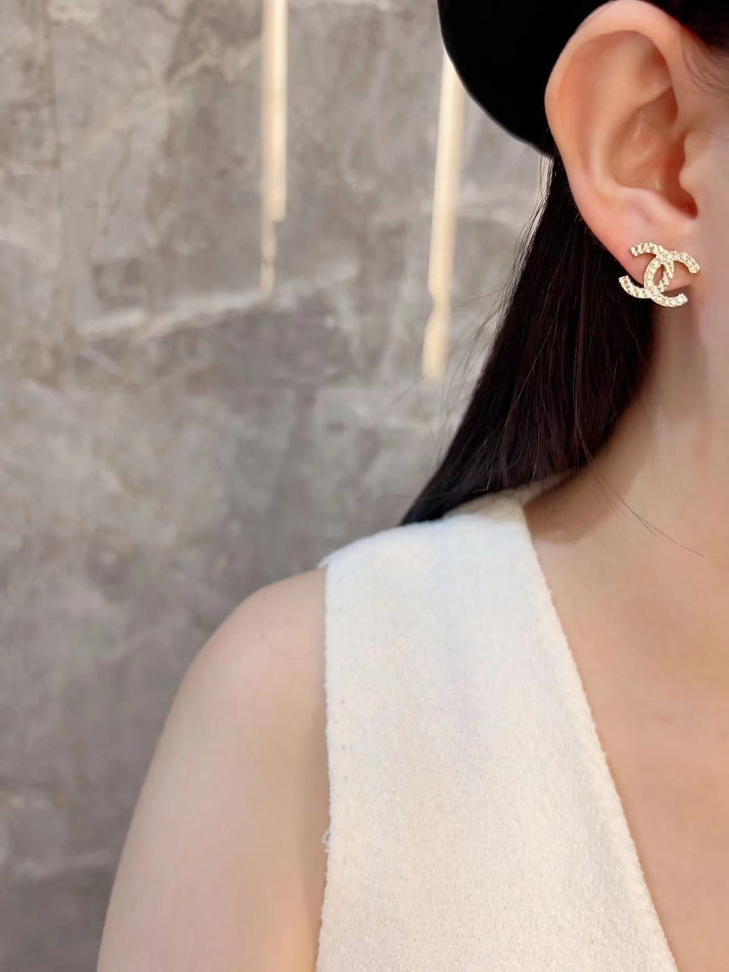 Chanel Double C Half Diamonds Gold Earrings