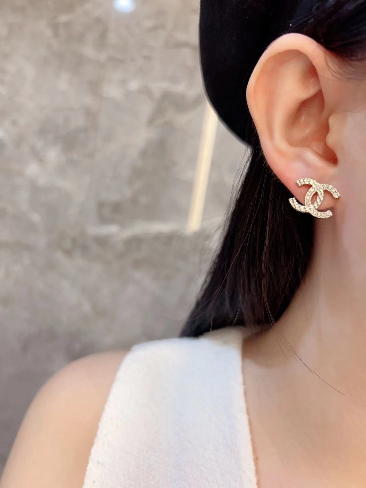 Chanel Double C Half Diamonds Gold Earrings