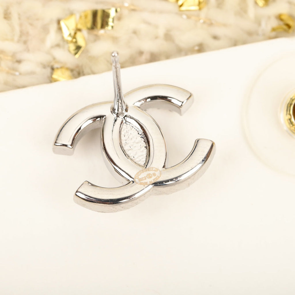 Chanel Double C Small Silver Diamond Earrings