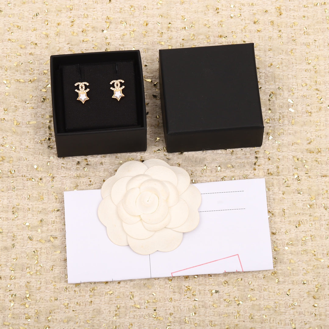 Chanel Double C Star Mop Diamonds Gold Earrings