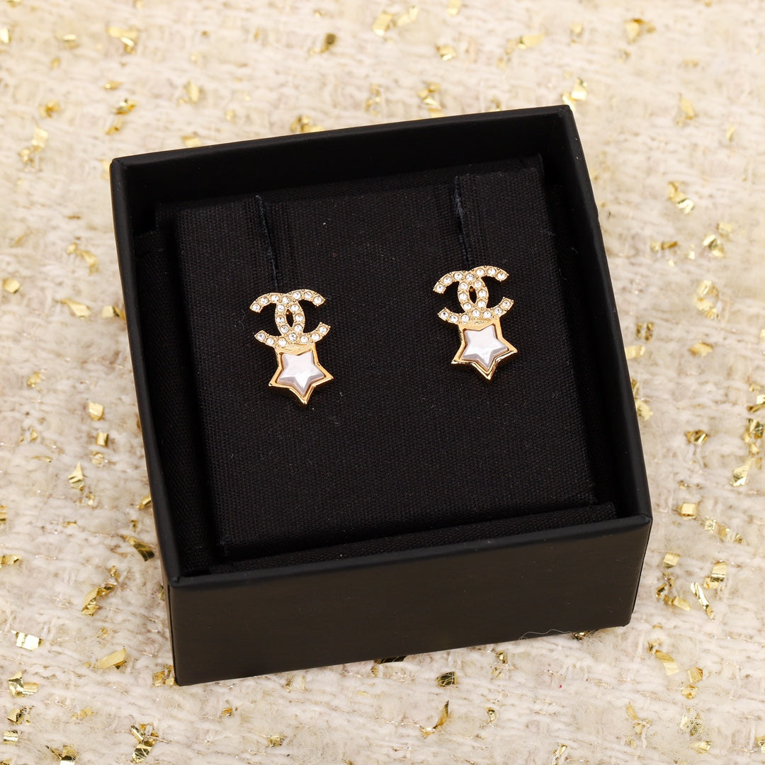 Chanel Double C Star Mop Diamonds Gold Earrings