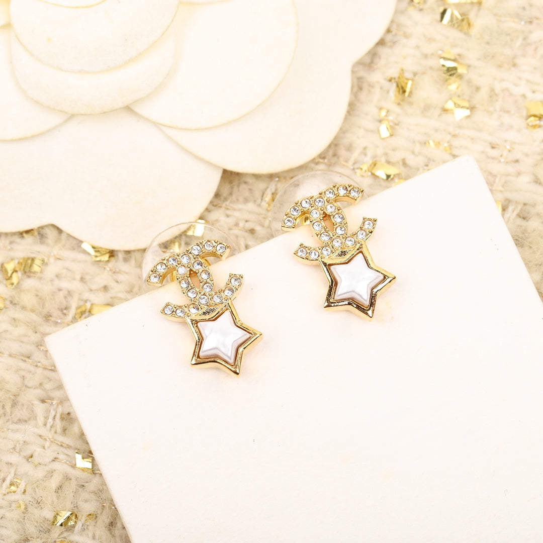 Chanel Double C Star Mop Diamonds Gold Earrings