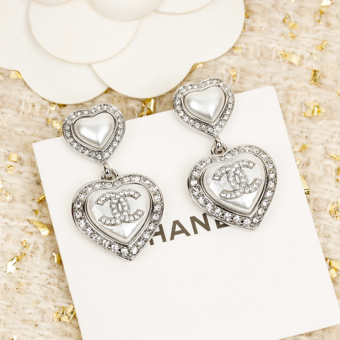 Chanel Double Heart Chanel Diamonds Silver Earrings