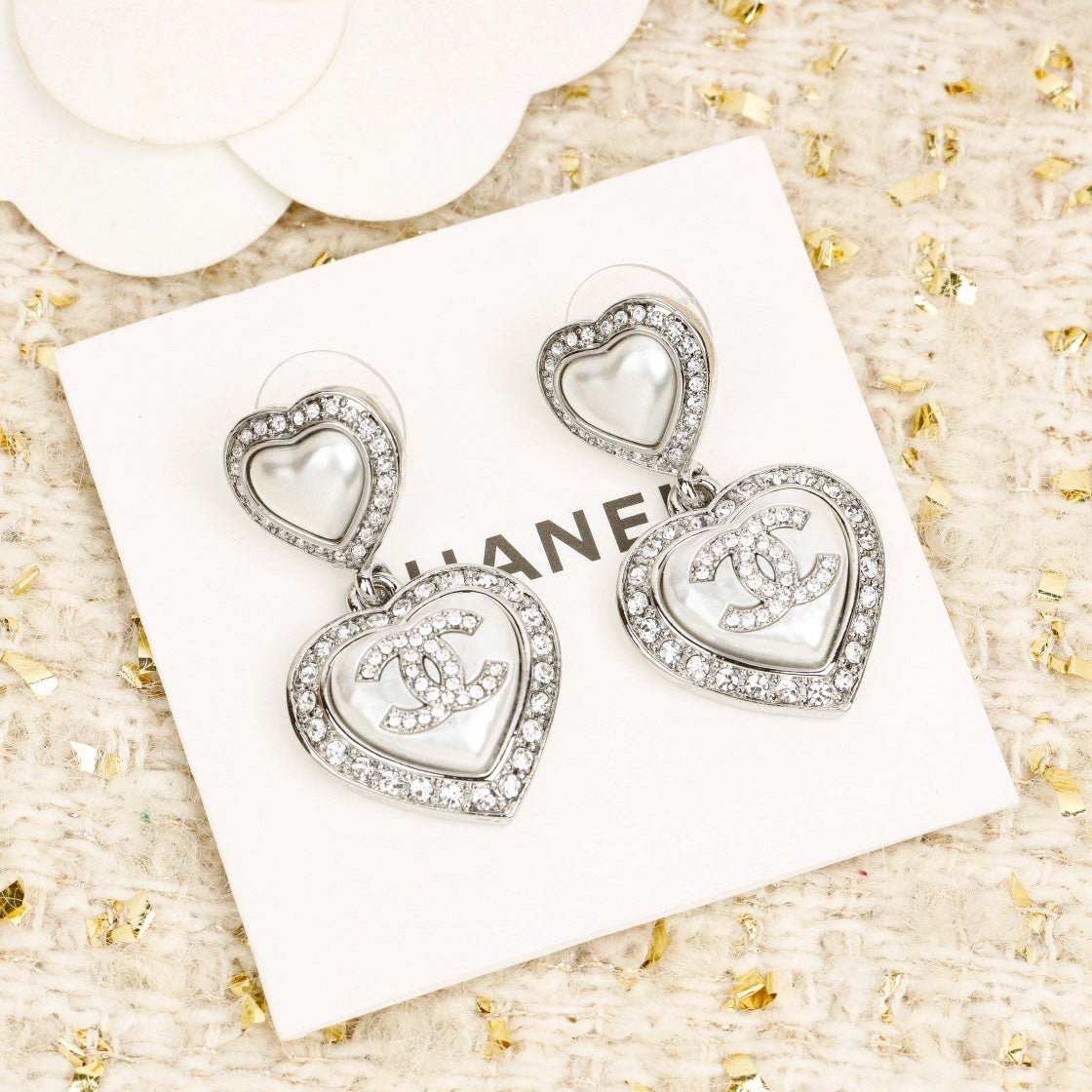 Chanel Double Heart Chanel Diamonds Silver Earrings