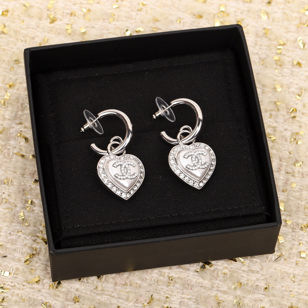 Chanel Double C Drop Heart Silver Diamonds Earrings
