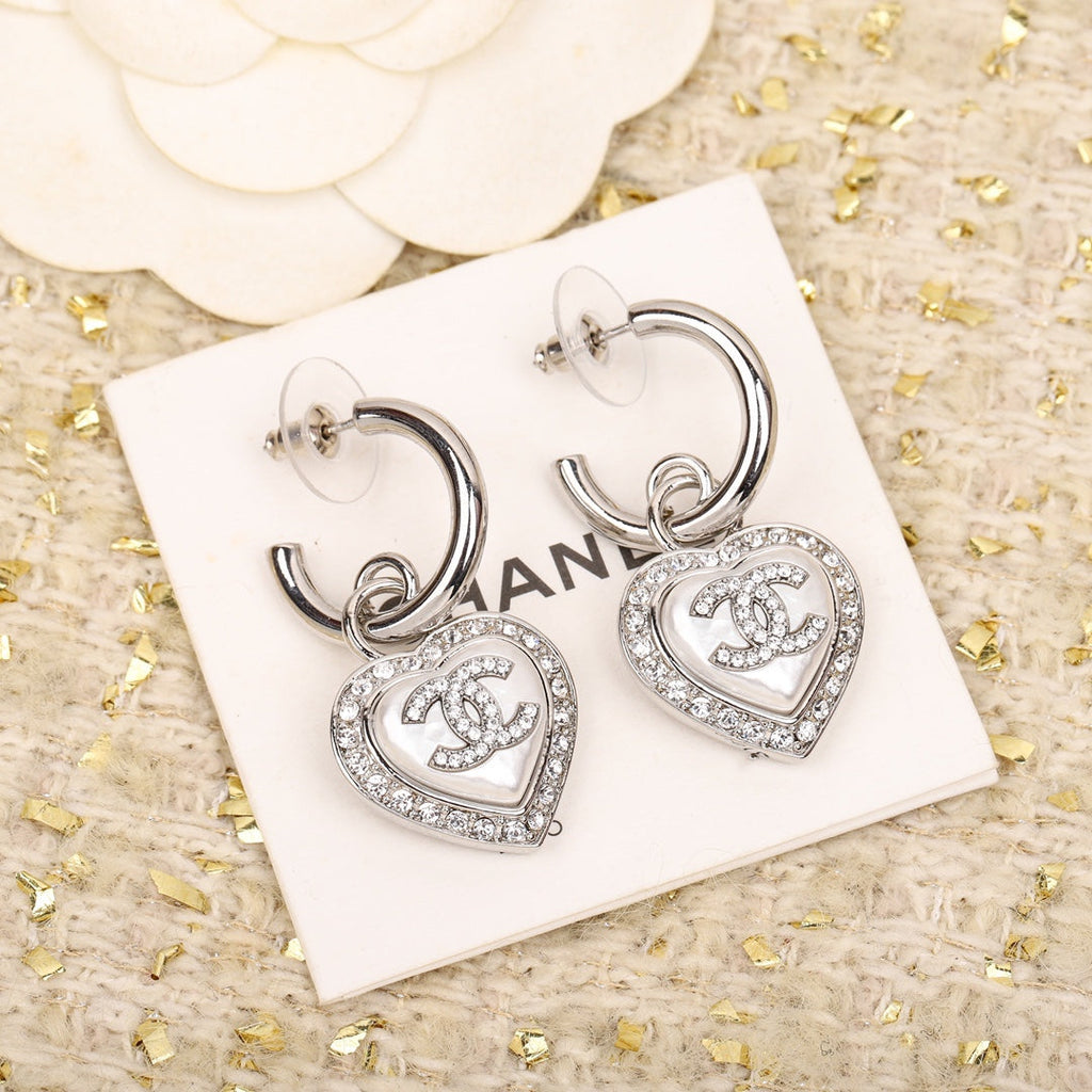 Chanel Double C Drop Heart Silver Diamonds Earrings