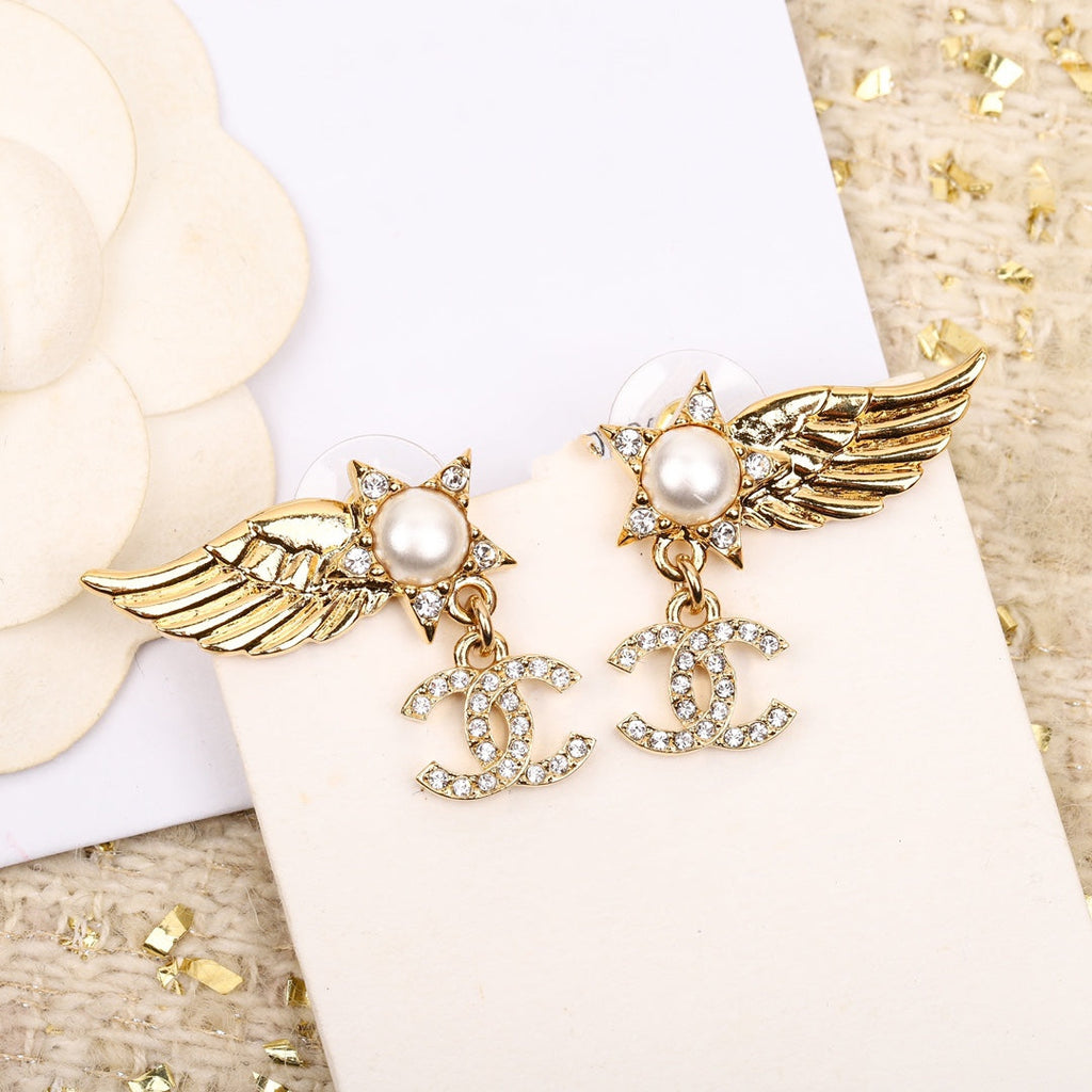 Chanel Wing Double C Gold Diamonds Earrings