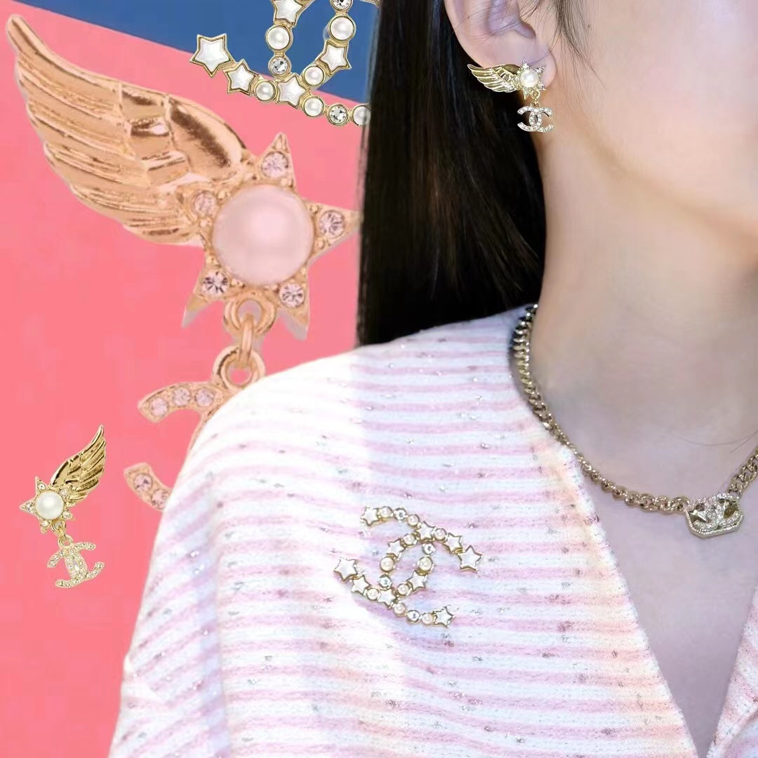 Chanel Wing Double C Gold Diamonds Earrings