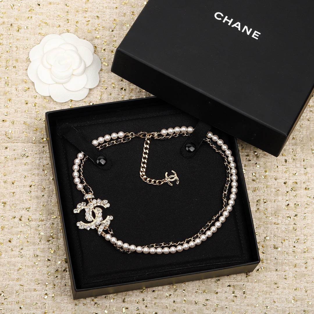 Chanel Pearls And Leather Straps Gold Necklace Type 1