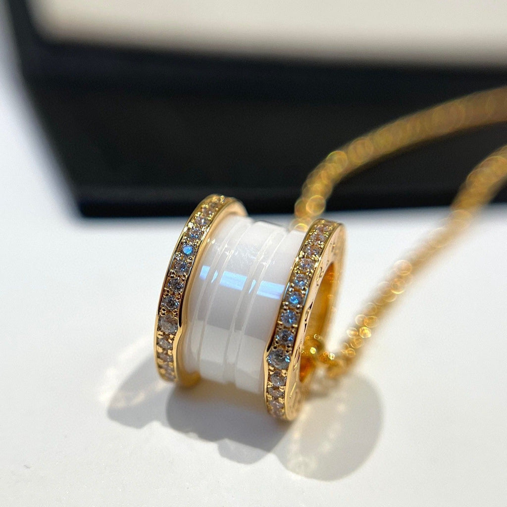 BVLGARI ZERO 1 WHITE CERAMIC DIAMOND PINK GOLD NECKLACE